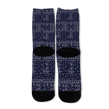 Blue Floral Patchwork Pattern Print Long Socks