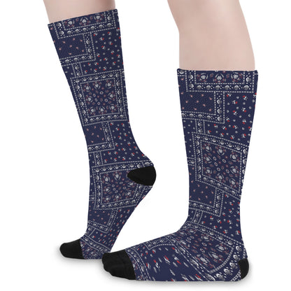 Blue Floral Patchwork Pattern Print Long Socks