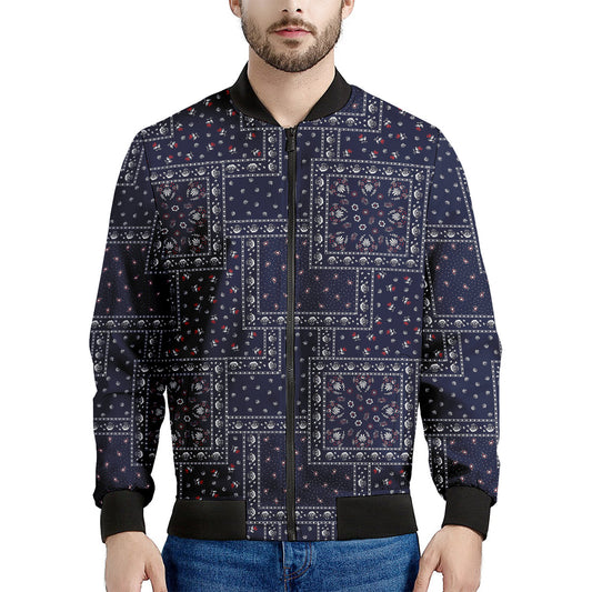 Blue Floral Patchwork Pattern Print Men's Bomber Jacket