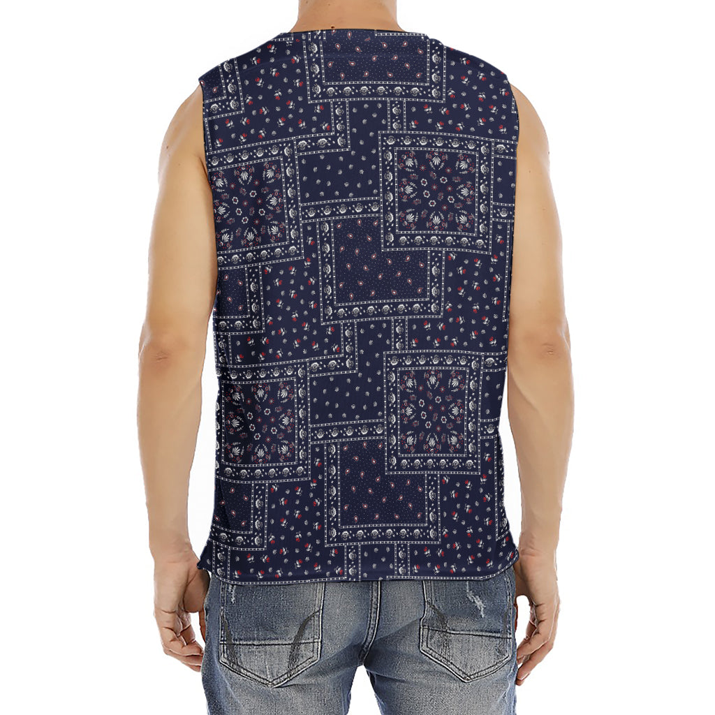 Blue Floral Patchwork Pattern Print Men's Fitness Tank Top