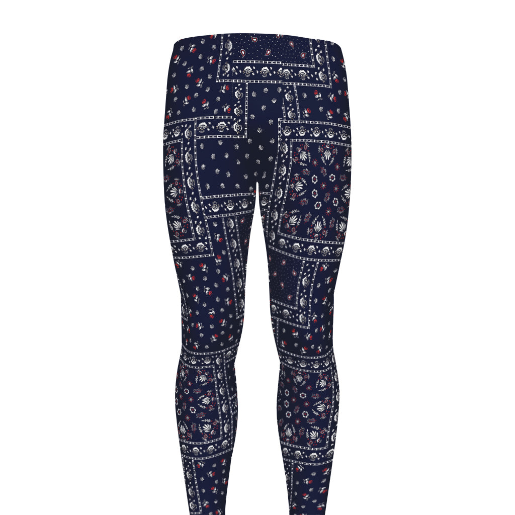 Blue Floral Patchwork Pattern Print Men's leggings