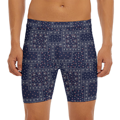 Blue Floral Patchwork Pattern Print Men's Long Boxer Briefs