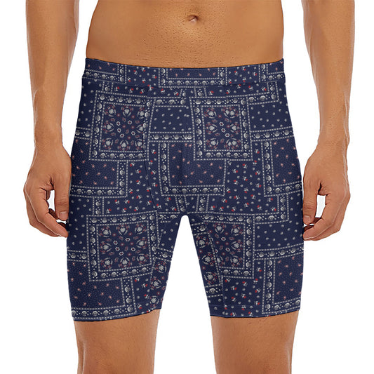 Blue Floral Patchwork Pattern Print Men's Long Boxer Briefs