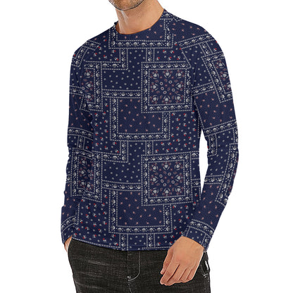 Blue Floral Patchwork Pattern Print Men's Long Sleeve Rash Guard