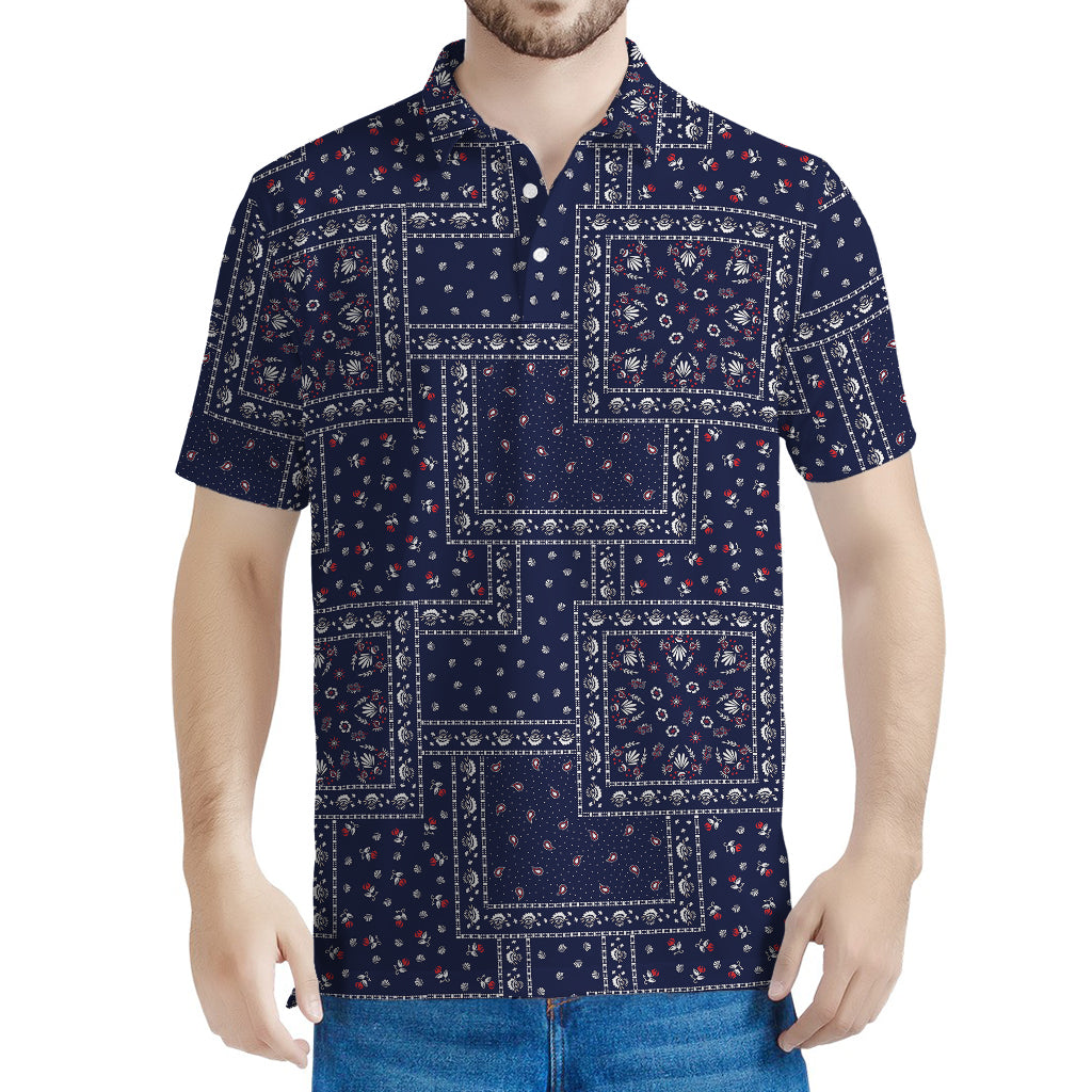 Blue Floral Patchwork Pattern Print Men's Polo Shirt