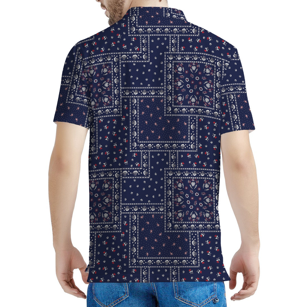 Blue Floral Patchwork Pattern Print Men's Polo Shirt