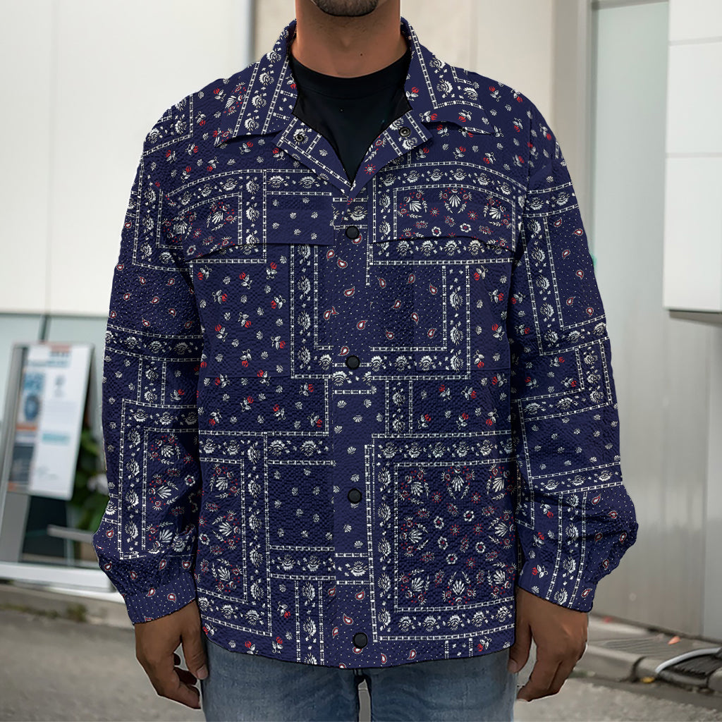 Blue Floral Patchwork Pattern Print Men's Shirt Jacket