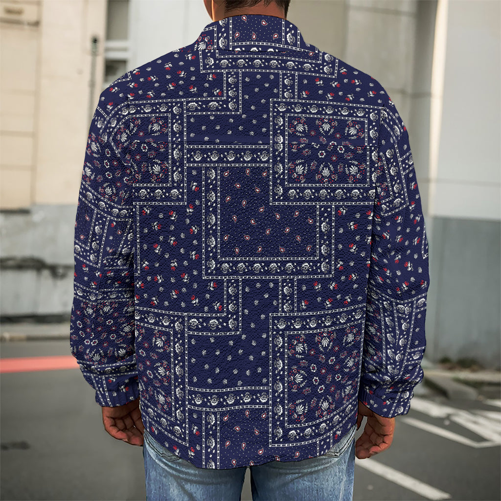 Blue Floral Patchwork Pattern Print Men's Shirt Jacket