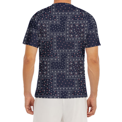 Blue Floral Patchwork Pattern Print Men's Short Sleeve Rash Guard