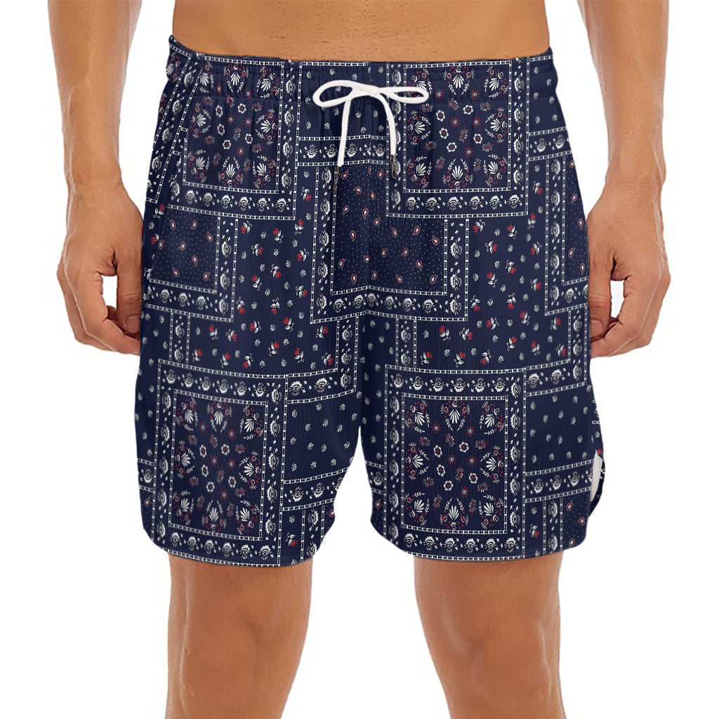 Blue Floral Patchwork Pattern Print Men's Split Running Shorts