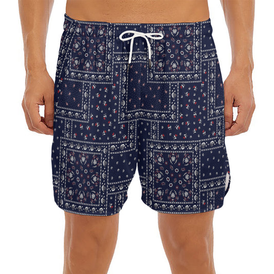 Blue Floral Patchwork Pattern Print Men's Split Running Shorts