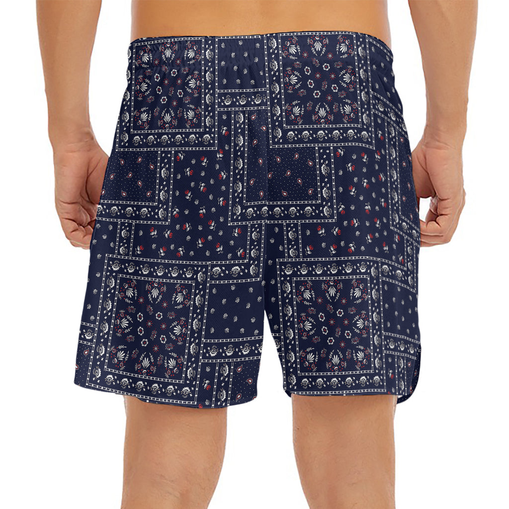 Blue Floral Patchwork Pattern Print Men's Split Running Shorts