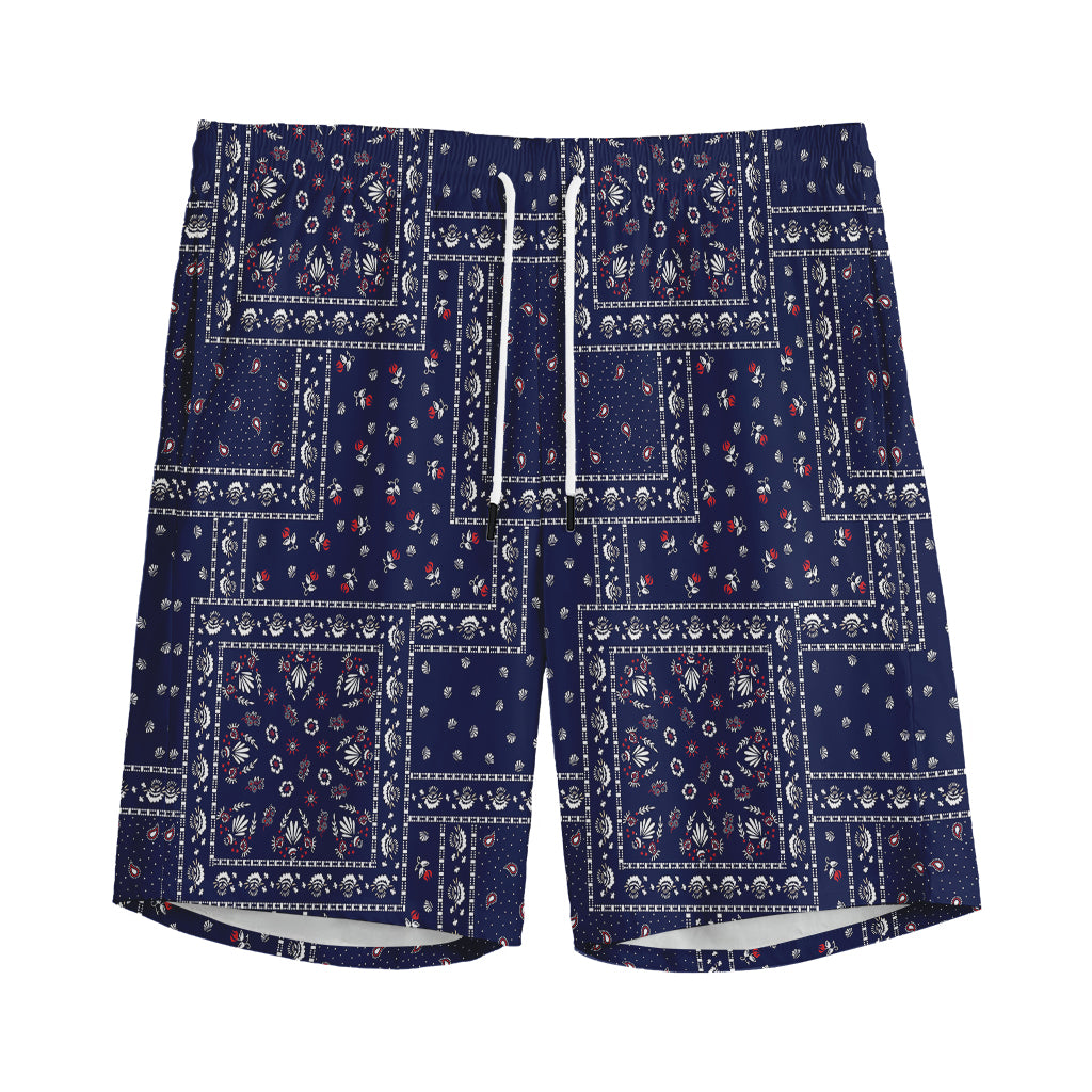 Blue Floral Patchwork Pattern Print Men's Sports Shorts
