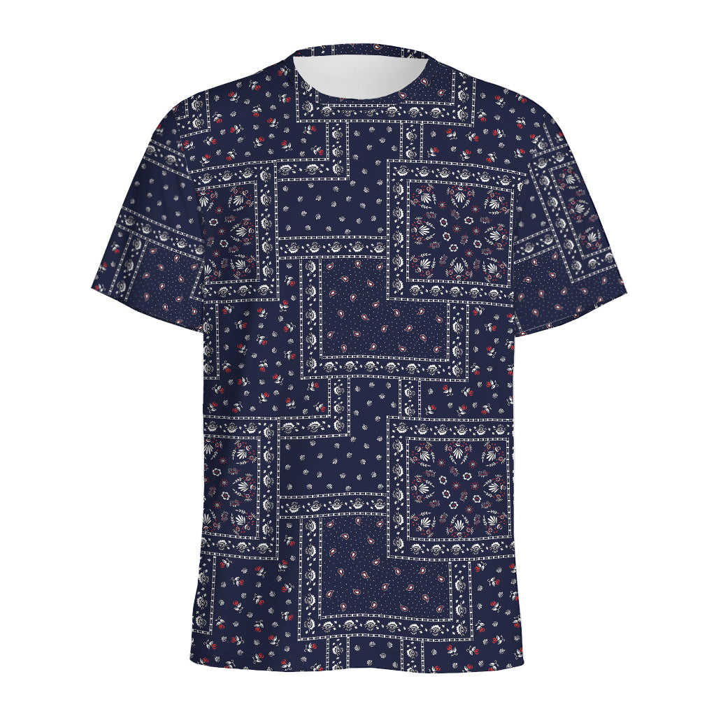 Blue Floral Patchwork Pattern Print Men's Sports T-Shirt
