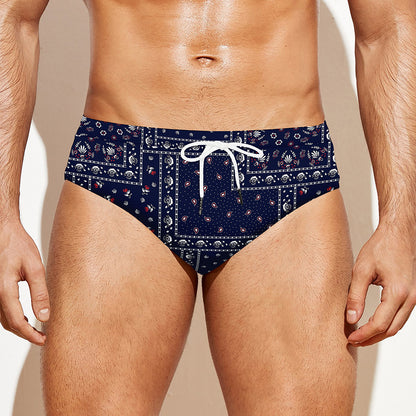 Blue Floral Patchwork Pattern Print Men's Swim Briefs