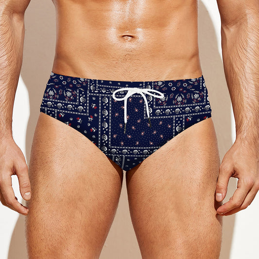 Blue Floral Patchwork Pattern Print Men's Swim Briefs
