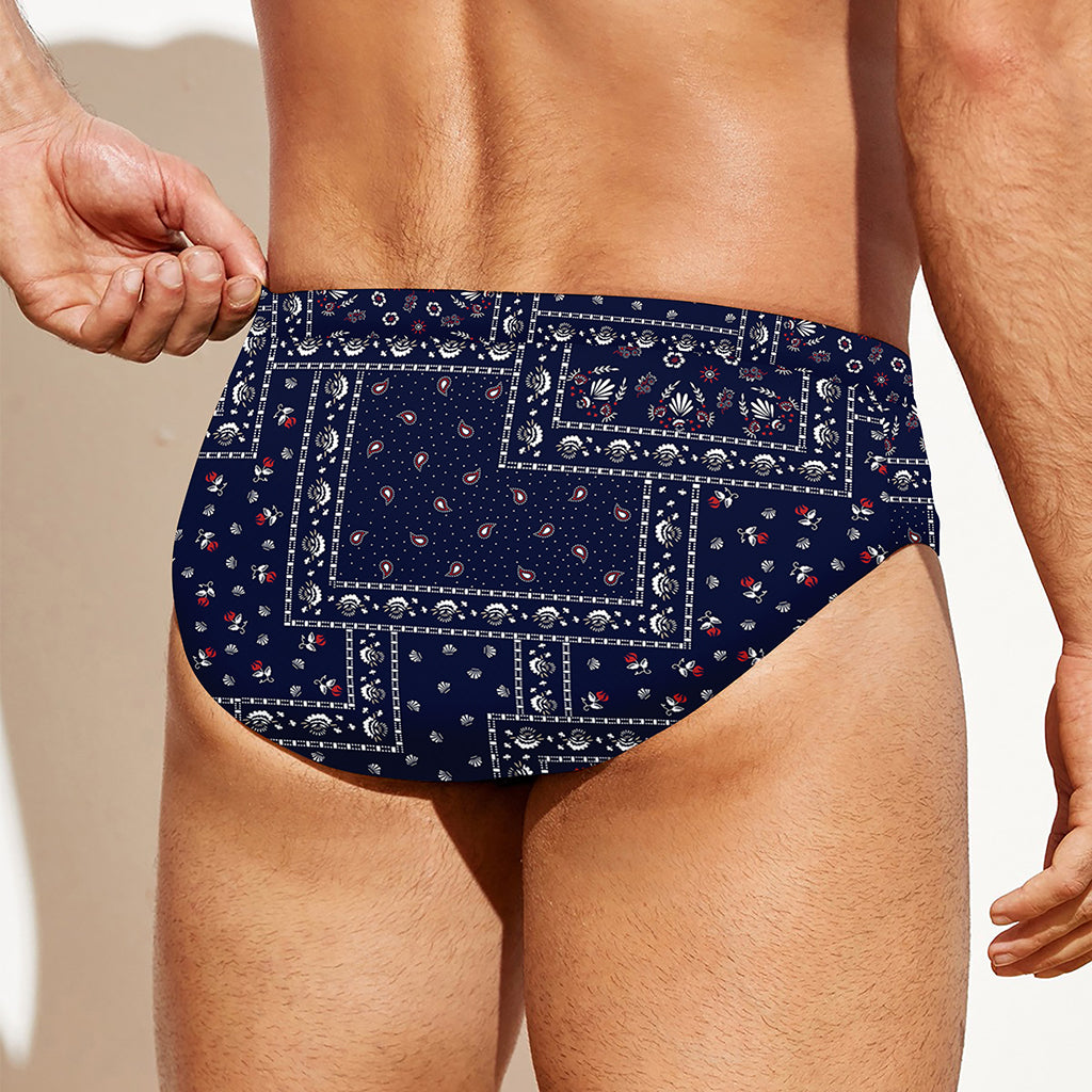 Blue Floral Patchwork Pattern Print Men's Swim Briefs