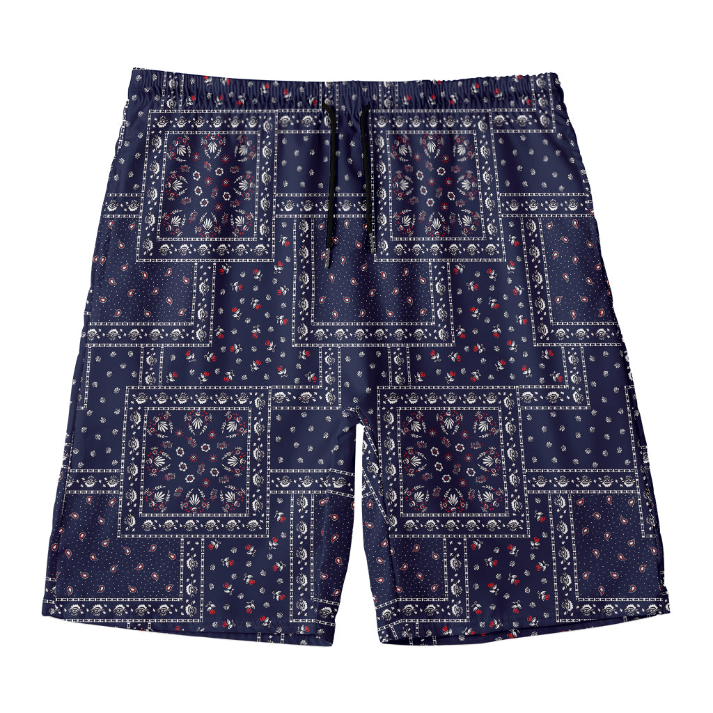Blue Floral Patchwork Pattern Print Men's Swim Trunks