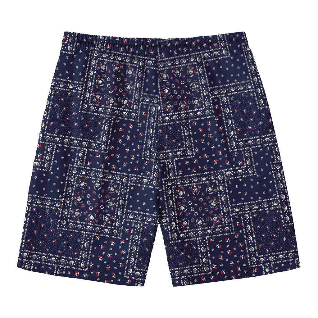 Blue Floral Patchwork Pattern Print Men's Swim Trunks