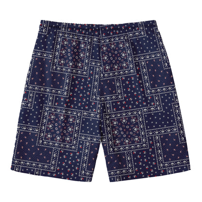 Blue Floral Patchwork Pattern Print Men's Swim Trunks