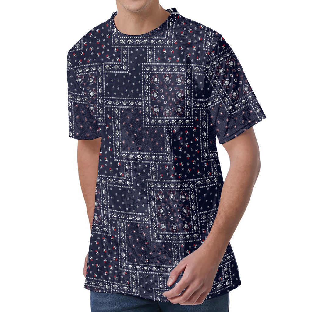 Blue Floral Patchwork Pattern Print Men's Velvet T-Shirt