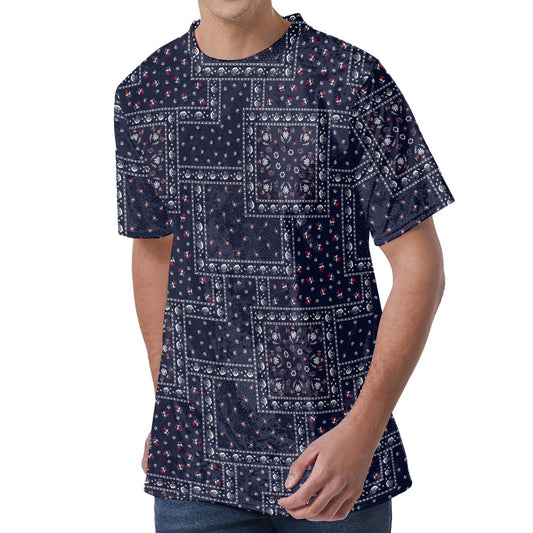 Blue Floral Patchwork Pattern Print Men's Velvet T-Shirt