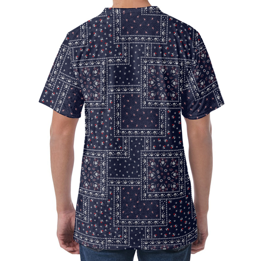 Blue Floral Patchwork Pattern Print Men's Velvet T-Shirt
