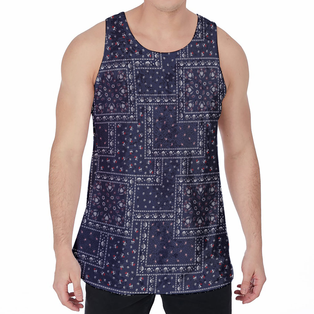 Blue Floral Patchwork Pattern Print Men's Velvet Tank Top