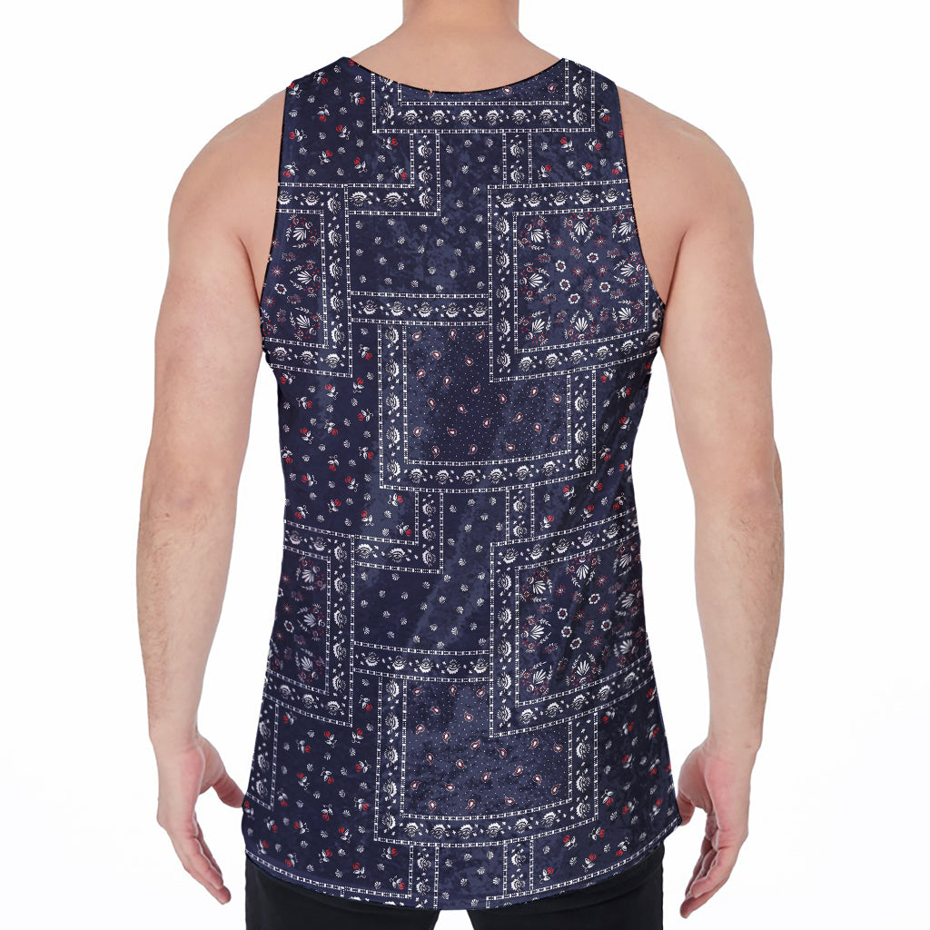 Blue Floral Patchwork Pattern Print Men's Velvet Tank Top