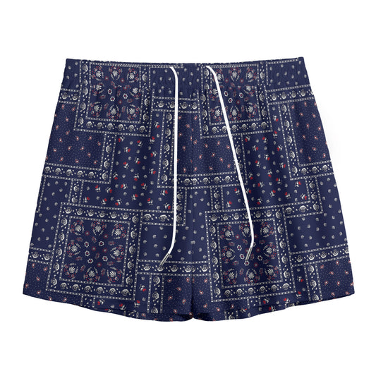 Blue Floral Patchwork Pattern Print Mesh Shorts