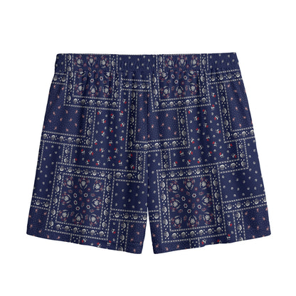 Blue Floral Patchwork Pattern Print Mesh Shorts