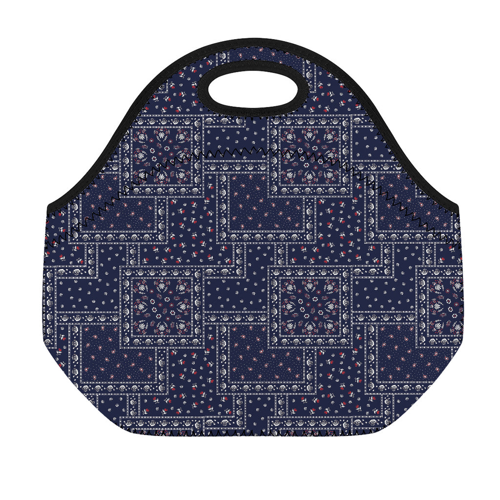 Blue Floral Patchwork Pattern Print Neoprene Lunch Bag