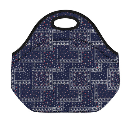 Blue Floral Patchwork Pattern Print Neoprene Lunch Bag