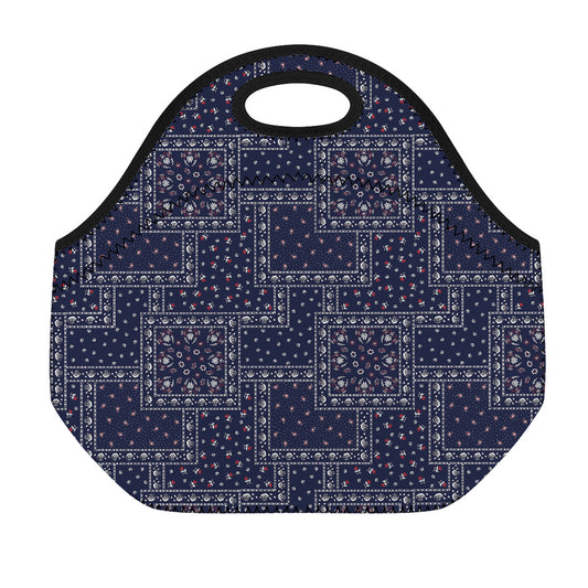 Blue Floral Patchwork Pattern Print Neoprene Lunch Bag
