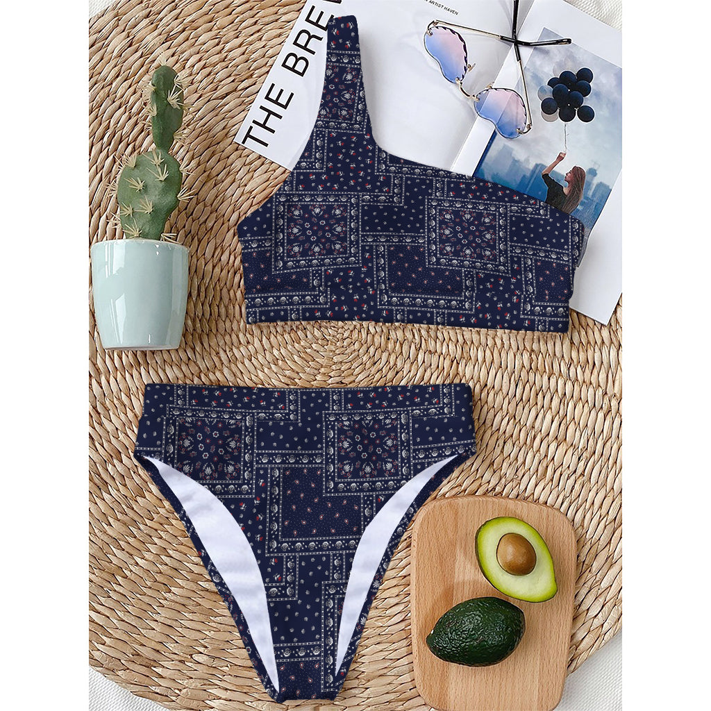 Blue Floral Patchwork Pattern Print One Shoulder Bikini Top