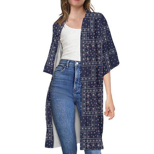 Blue Floral Patchwork Pattern Print Open Front Beach Cover Up
