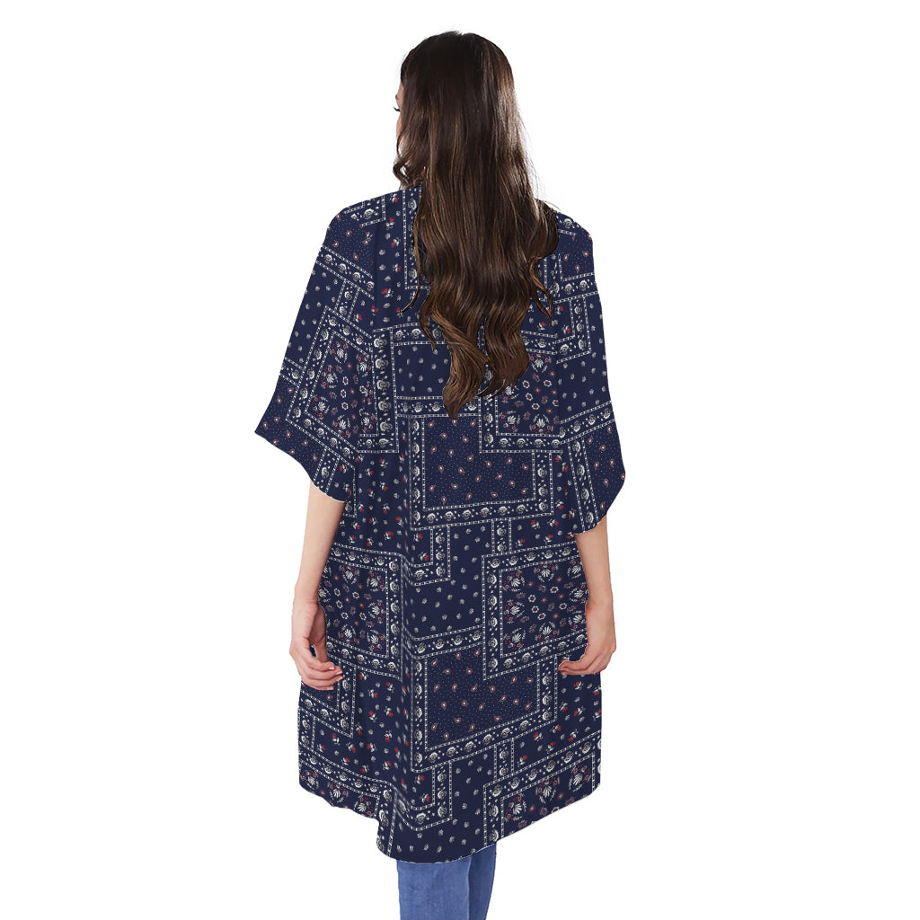 Blue Floral Patchwork Pattern Print Open Front Beach Cover Up