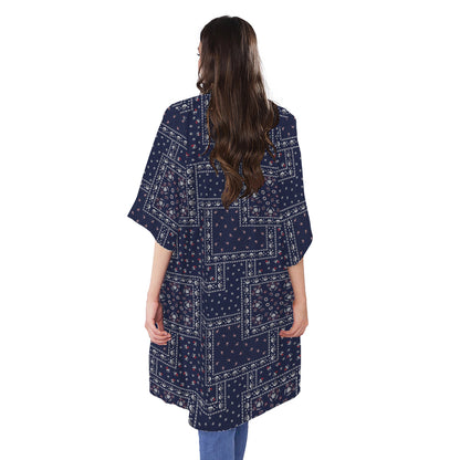 Blue Floral Patchwork Pattern Print Open Front Beach Cover Up
