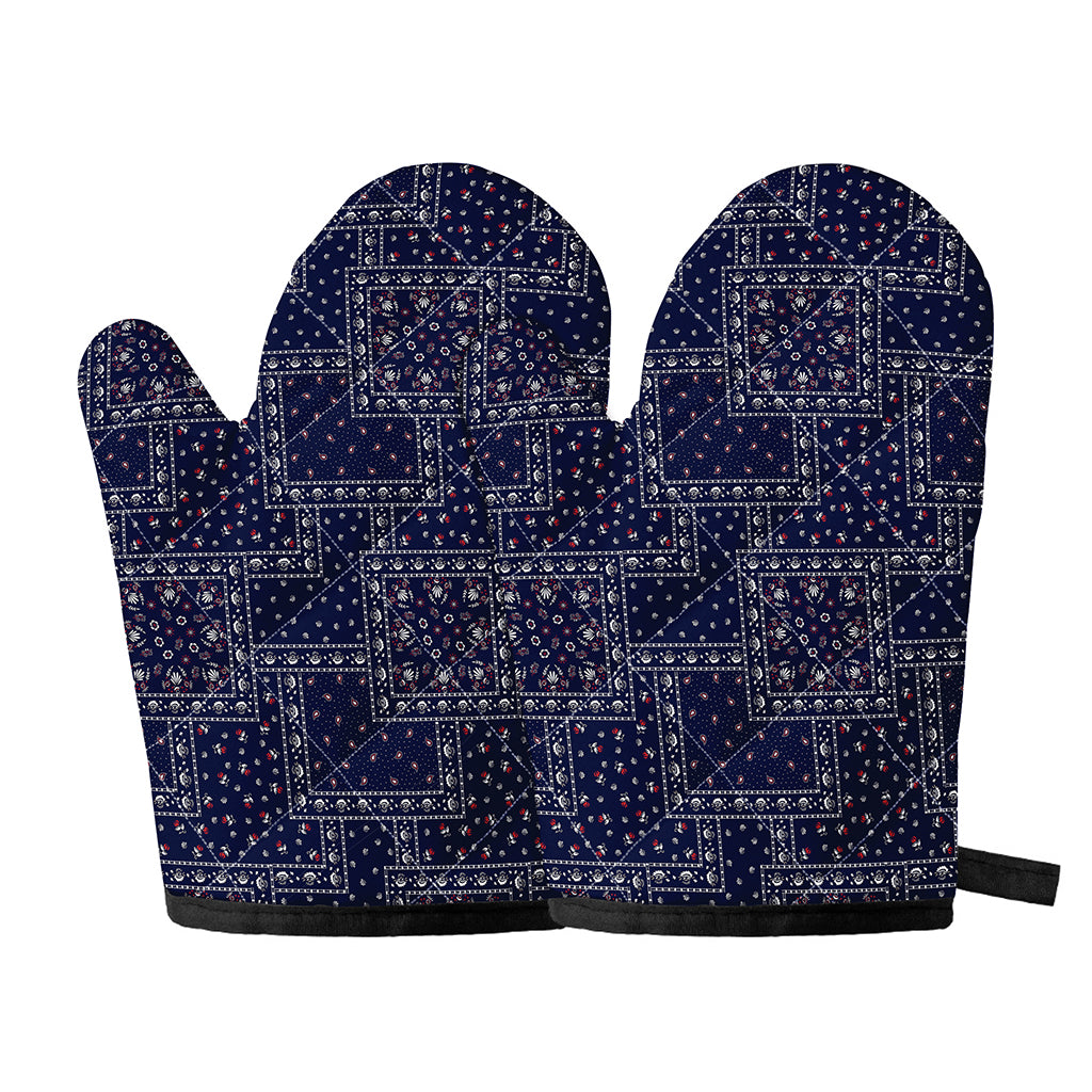 Blue Floral Patchwork Pattern Print Oven Mitts
