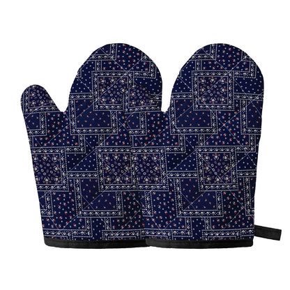 Blue Floral Patchwork Pattern Print Oven Mitts