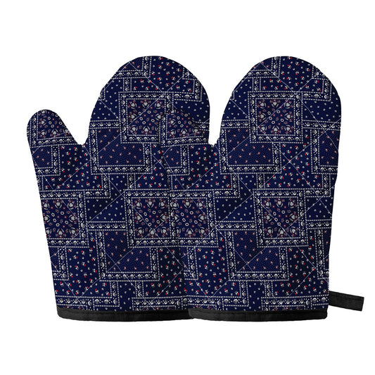 Blue Floral Patchwork Pattern Print Oven Mitts