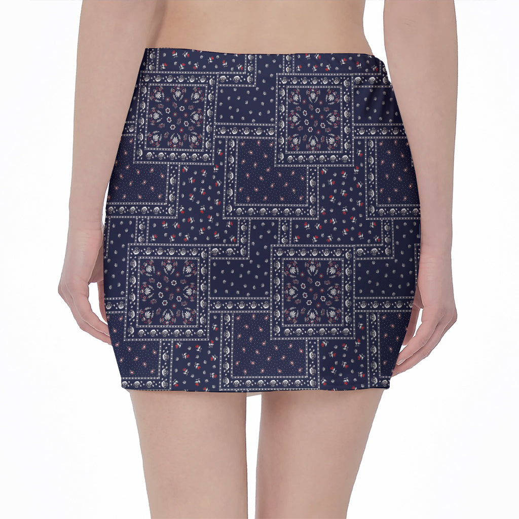 Blue Floral Patchwork Pattern Print Pencil Mini Skirt