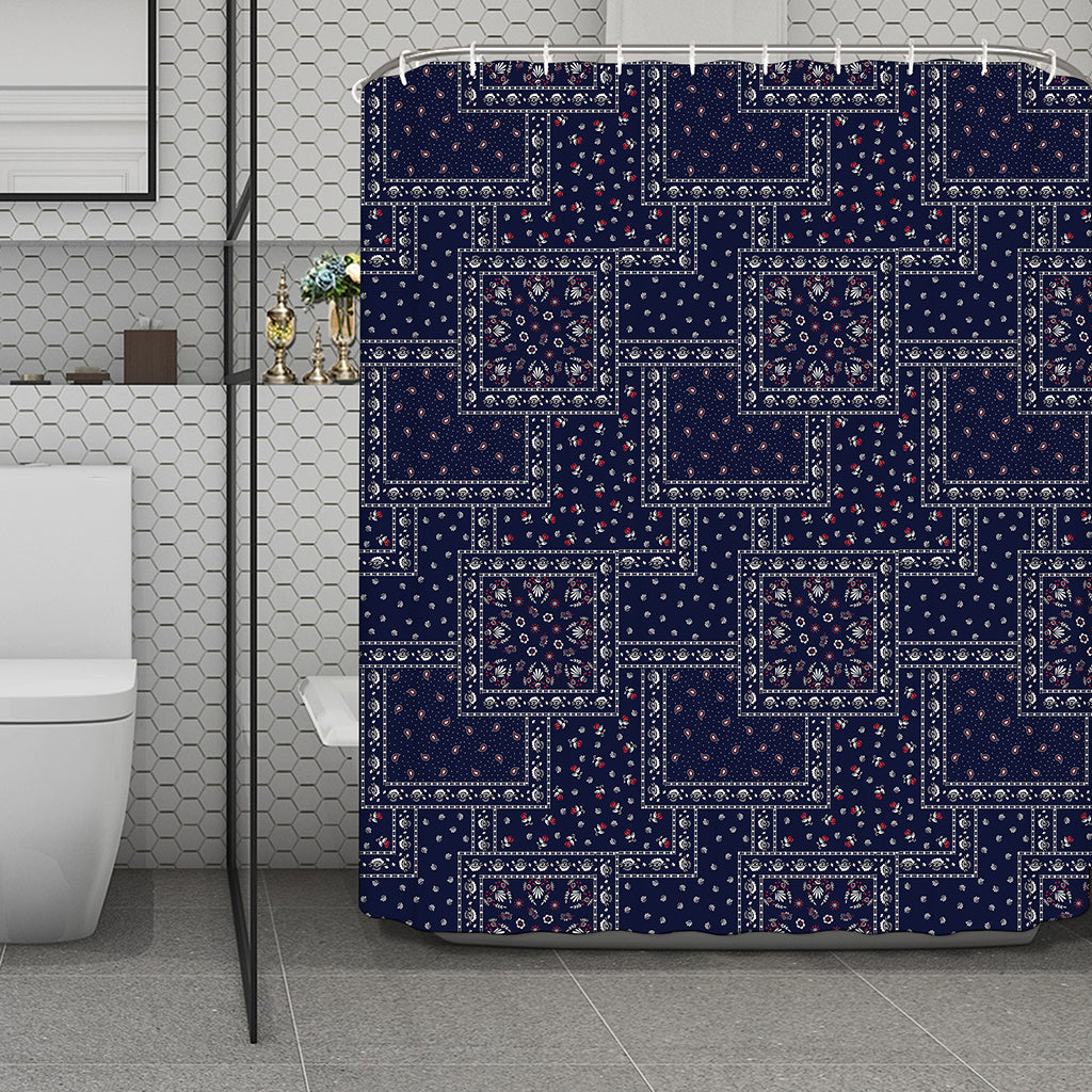 Blue Floral Patchwork Pattern Print Polyester Shower Curtain