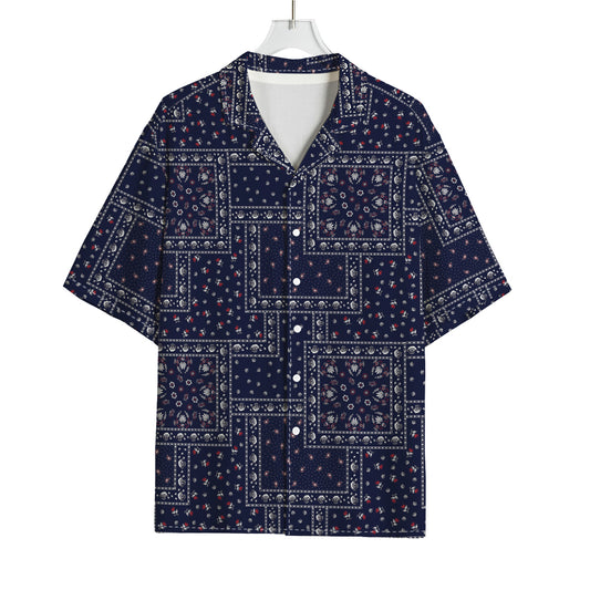 Blue Floral Patchwork Pattern Print Rayon Hawaiian Shirt