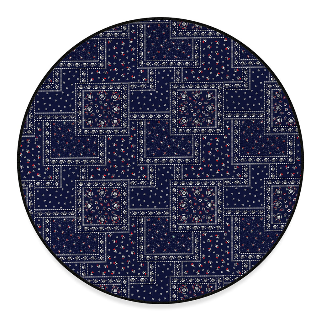 Blue Floral Patchwork Pattern Print Round Floor Mat