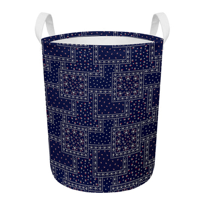 Blue Floral Patchwork Pattern Print Round Laundry Basket