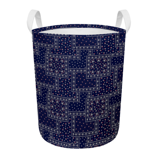 Blue Floral Patchwork Pattern Print Round Laundry Basket