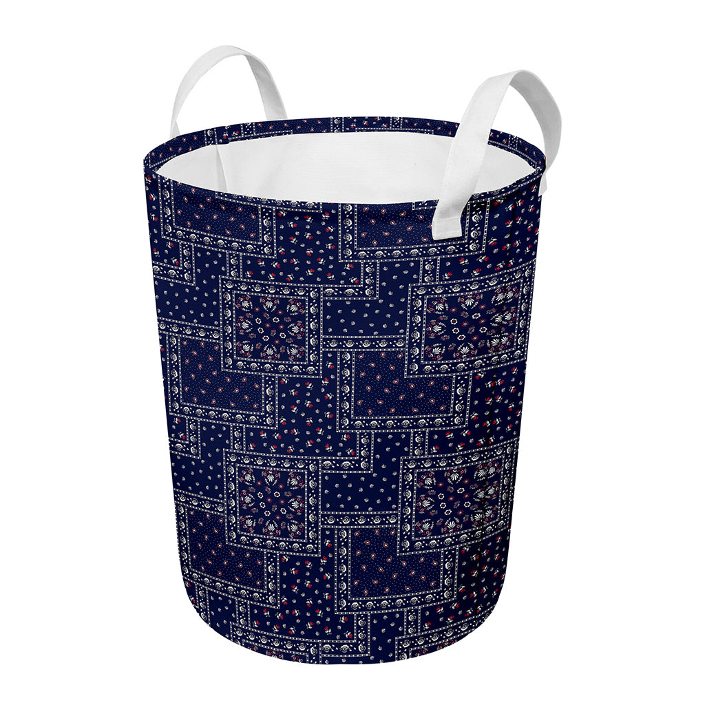 Blue Floral Patchwork Pattern Print Round Laundry Basket