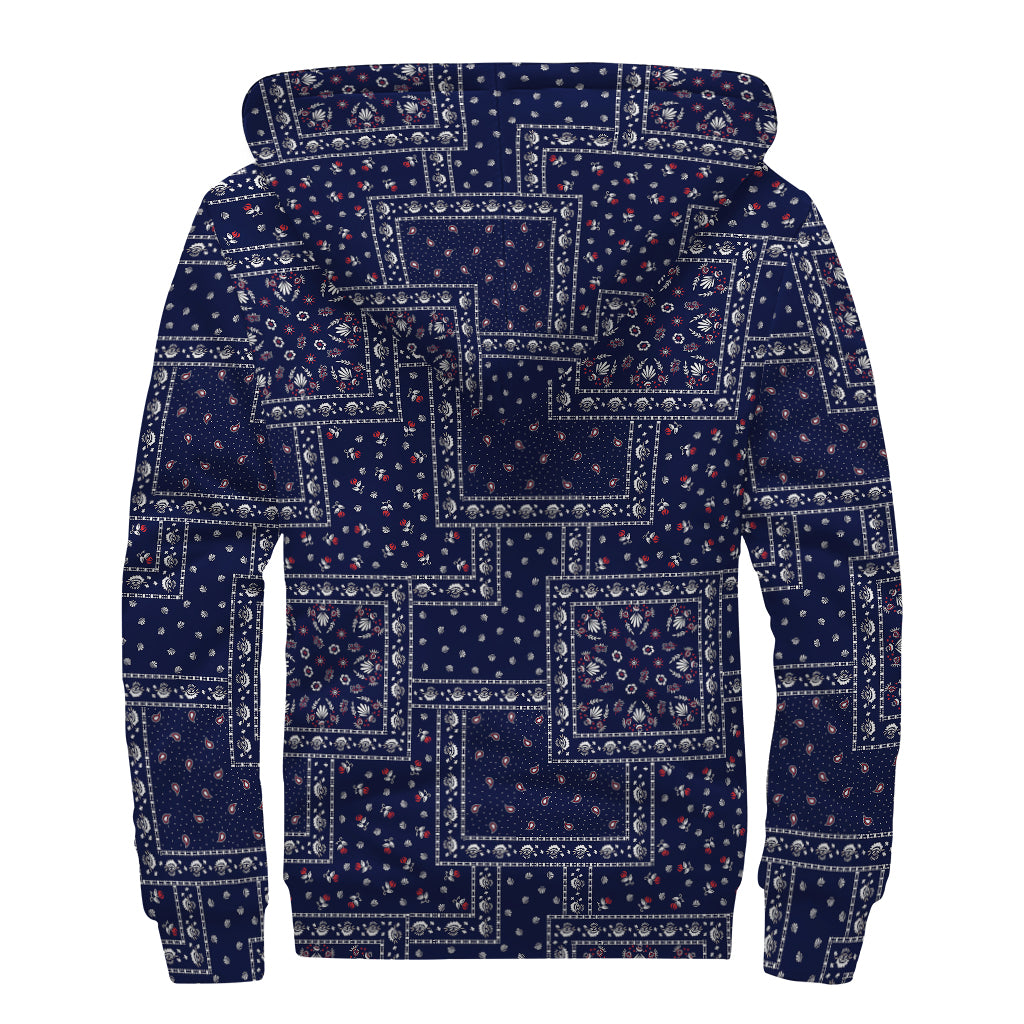 Blue Floral Patchwork Pattern Print Sherpa Lined Zip Up Hoodie