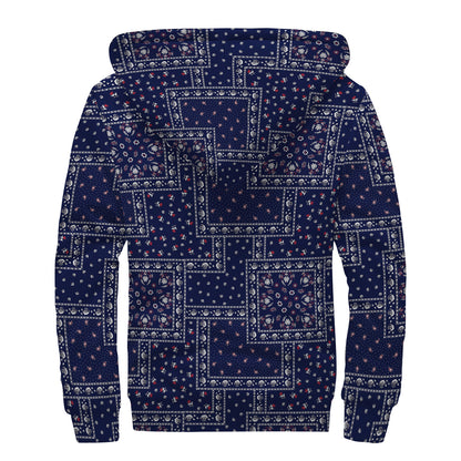Blue Floral Patchwork Pattern Print Sherpa Lined Zip Up Hoodie
